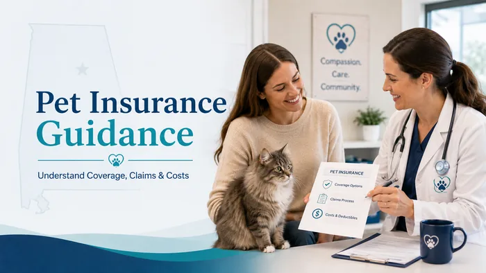Veterinarian explaining pet insurance guidance to a cat owner