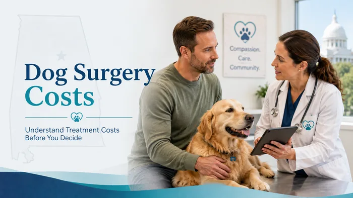 Pet owner discussing surgery and treatment costs with a veterinarian